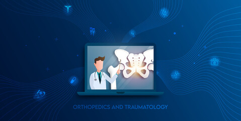 Technology for treatment of hip bone injury. Abstract traumatology and orthopedics. Medical science in the hospital for body joints.