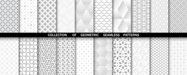 Geometric set of seamless gray and white patterns. Simple vector graphics.