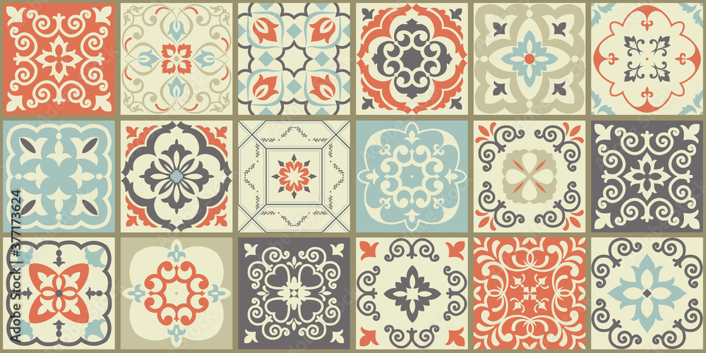  Collection of 18 ceramic tiles in turkish style. Seamless colorful patchwork from Azulejo tiles. Portuguese and Spain decor. Islam, Arabic, Indian, Ottoman motif. Vector Hand drawn background - obrazy, fototapety, plakaty 