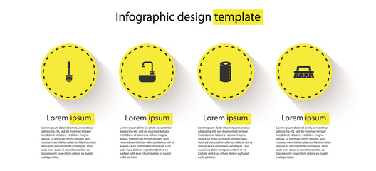 Sticker - Set Toilet brush, Washbasin with water tap, Paper towel roll and Brush for cleaning. Business infographic template. Vector.