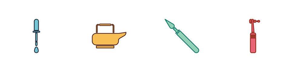 Sticker - Set Pipette, Bedpan, Medical surgery scalpel and Tooth drill icon. Vector.