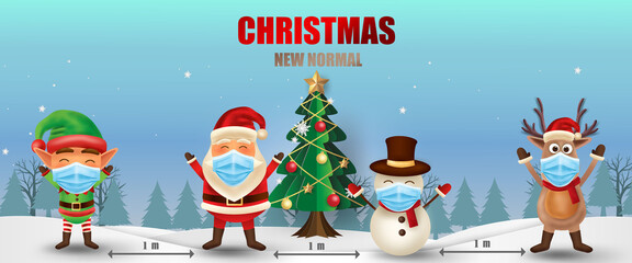 Merry Christmas and happy new year. Christmas new normal concept with Elf, Santa Claus, Snowman and Reindeer. Corona virus protection.  -Vector