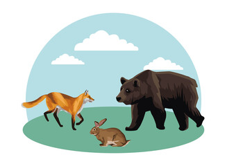 Canvas Print - wild bear with rabbit and fox in the field