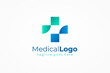 Healthcare Medical Logo. Green and Blue Geometric Shapes Cross Sign Origami Style isolated on White Background. Flat Vector Logo Design Template Element.