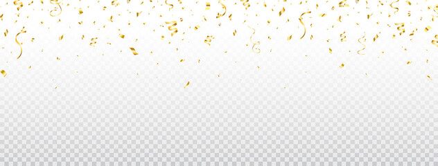 Wall Mural - Golden confetti long banner. Falling gold confetti frame. Bright flying golden festive tinsel. Party luxury backdrop. Holiday design elements for web banner, poster, flyer. Vector illustration