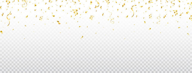 Golden confetti long banner. Falling gold confetti frame. Bright flying golden festive tinsel. Party luxury backdrop. Holiday design elements for web banner, poster, flyer. Vector illustration