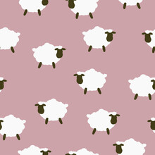 Simple Sheep Pattern. Dirty Pink Background, Cute White Sheep. The Print Is Well Suited For Textiles,Wallpaper And Packaging.