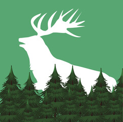 Poster - wild reindeer animal silhouette with forest scene