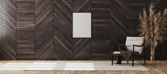Blank poster frame mock up in empty modern room interior background with wooden decorative panel on the wall and wooden chair with blanket, living room interior background, 3d rendering