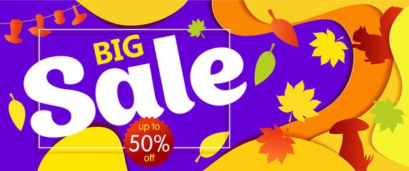 Wall Mural - Bright Banner autumn sales with leaves and silhouette squirrel. In yellow red shades on violet background. Vector illustrations, paper art and digital crafts style.