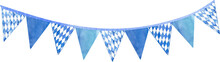 Watercolor Bavarian Traditional Flag Illustration.  Hand Drawn White And Blue Triangular Garland Elements Isolated On White Background. 