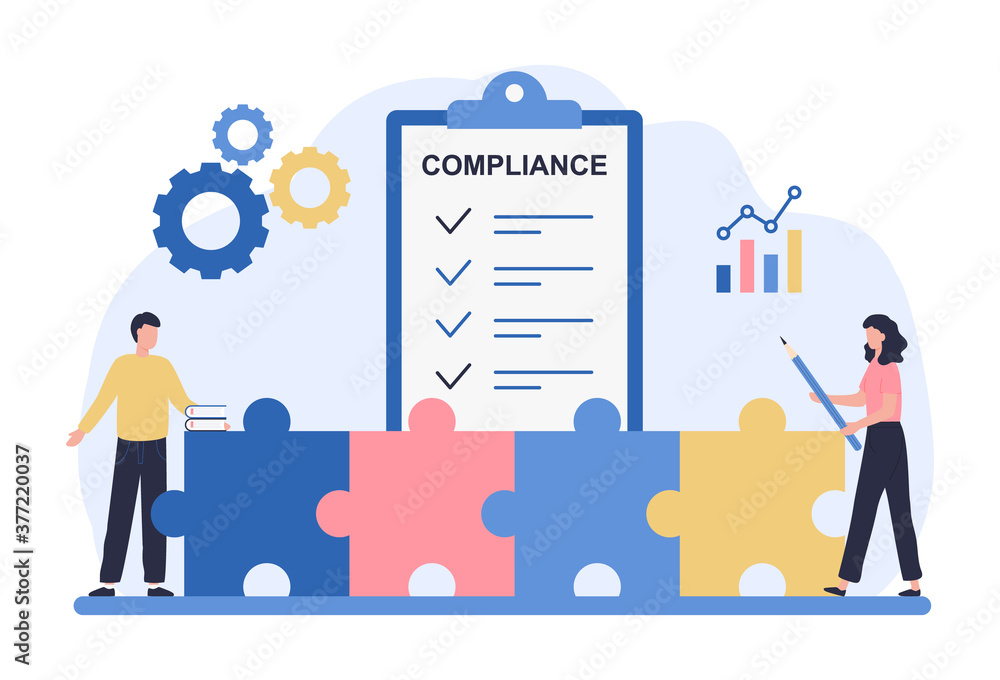 Regulatory compliance concept. Business people read laws, discuss changes, plan the implementation of rules and the development of the company. Flat vector illustration isolated on white background - obrazy, fototapety, plakaty 