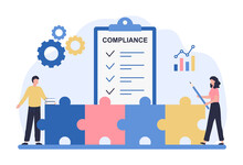 Regulatory Compliance Concept. Business People Read Laws, Discuss Changes, Plan The Implementation Of Rules And The Development Of The Company. Flat Vector Illustration Isolated On White Background
