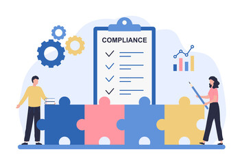 Regulatory compliance concept. Business people read laws, discuss changes, plan the implementation of rules and the development of the company. Flat vector illustration isolated on white background