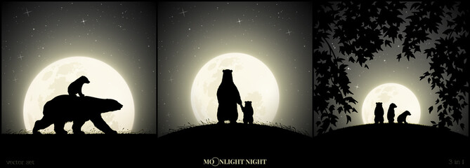 Sticker - polar bears family walking in grass on moonlight night. animal baby silhouette on back of mother. la