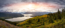 Panoramic View Of Colorful Meadow Fields On Top Of Nares Mountain During Fall Season. Located In Carcross, Near Whitehorse, Yukon, Canada. Nature Background Panorama