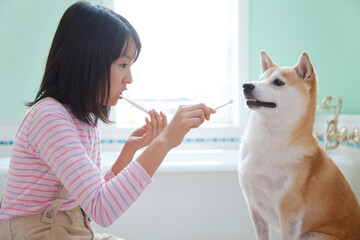 Wall Mural - 犬と一緒に歯みがきをする女の子