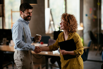 businesswoman and businessman discussing work in office. two friends handshake in office..