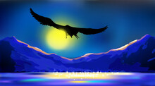 Night Art Background With The Silhouette Of An Eagle, Flying Over The Water By Moonlight. Twilight Mountains Landscape, Among The Peaks And Cloud Sky. Dark Vector Illustration.