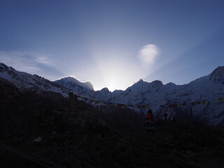 Wall Mural - Beautiful snow-covered Himalayas and sunrise, ABC (Annapurna Base Camp) Trek, Annapurna, Nepal