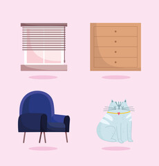 Sticker - home office chair window cabinet and cat mascot icons