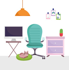 Sticker - home office workplace chair table computer potted cactus and cat on cuhsion