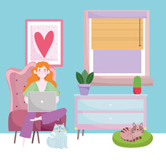 Poster - home office workspace, young woman working in a room with cat