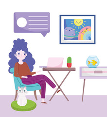 Sticker - home office workspace, woman at the desktop with a laptop