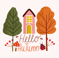 Wall Mural - hello autumn, vintage house rustic trees ladybug mushroom branches cartoon