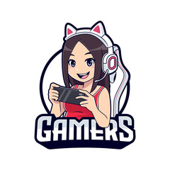 Wall Mural - Cute mobile gamer character mascot logo, Gamer girl cartoon esport logo template