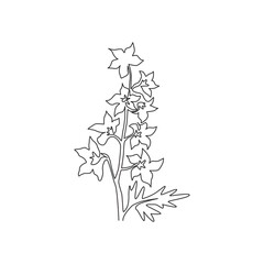 Wall Mural - One continuous line drawing beauty fresh larkspur for home decor wall art poster print. Decorative perennial flower delphinium for wedding invitation card. Single line draw design vector illustration