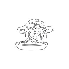 Wall Mural - Single continuous line drawing of beautiful and exotic Japan bonsai tree. Decorative old small banyan tree concept for home decor wall art poster print. Modern one line draw design vector illustration