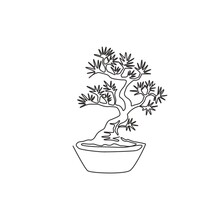 Single One Line Drawing Beauty And Exotic Miniature Bonsai Tree For Home Wall Art Decor Poster Print. Decorative Old Potted Plant For Shop Logo. Modern Continuous Line Draw Design Vector Illustration