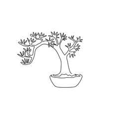 Wall Mural - Single continuous line drawing old beauty and exotic tiny bonsai tree for home art wall decor poster print. Decorative bend plant for plant shop logo. Modern one line draw design vector illustration