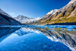 Hooker lake with snow capped Mount Cook in the distance reflecting in the lake and a beautiful clear blue sky