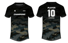 Camouflage Sports T-shirt Jersey Design Template, Mock Up Uniform Kit With Front And Back View