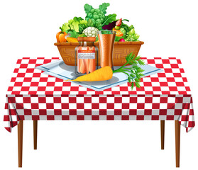 Canvas Print - Vegetable and fruits on the table with checkered pattern tablecloth