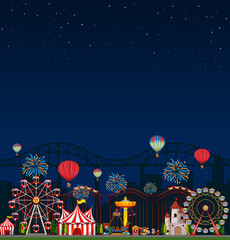 Wall Mural - Amusement park scene at night with blank dark blue sky