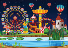 Amusement Park With Swamp Scene At Night With Balloons