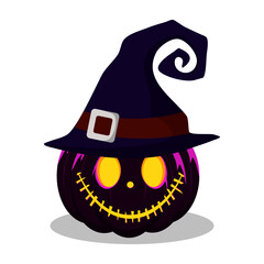 Wall Mural - Halloween pumpkin with witches hat isolated on white background. vector