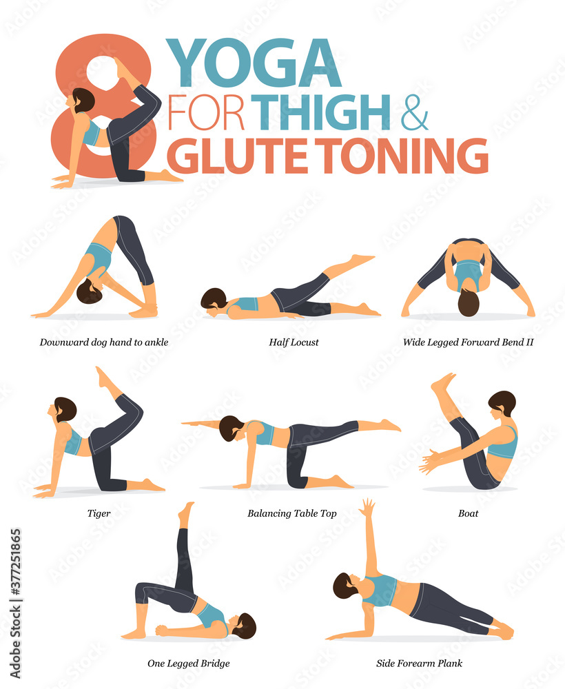 8 Yoga poses or asana posture for workout in thigh & glute toning concept. Women exercising for body stretching. Fitness infographic. Flat cartoon vector. - obrazy, fototapety, plakaty 