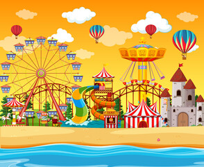 Wall Mural - Amusement park with beach side scene at daytime with balloons in the sky