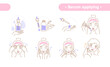 © Rudzhan - Beauty concept with a set of line drawings of a woman applying hydrating serum to her skin to prevent ageing, colored vector illustration