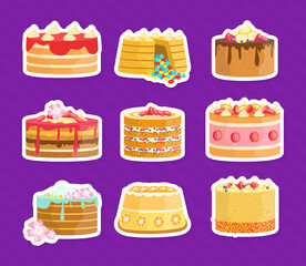 Canvas Print - Tasty Cakes Stickers Set, Delicious Sweet Desserts Vector Illustration