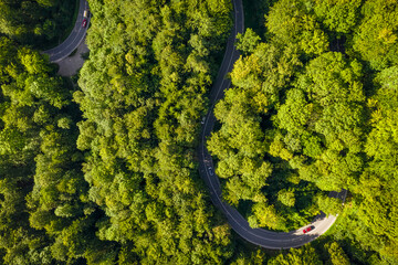 Aerial of driving cars through a green, curvy forest road, idyllic moment of an vacation trip as a top shot by a drone in summer.