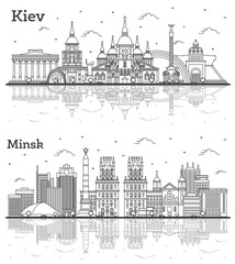 Wall Mural - Outline Minsk Belarus and Kiev Ukraine City Skylines Set with Historic Buildings and Reflections Isolated on White.