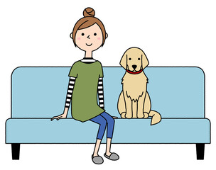 Sticker - ソファーに座る若い女性と犬