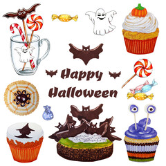 Hand drawn set of watercolor halloween food on white background