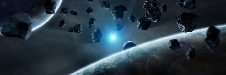 Leinwandbilder - Panoramic space planets background. Panorama of distant solar system with exoplanets 3D rendering elements of this image furnished by NASA