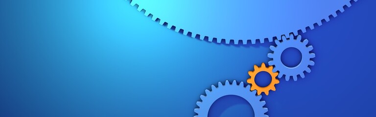 Wall Mural - Gears on a blue banner background. Teamwork 3D visualization